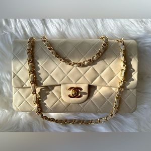 CHANEL Classic Lambskin Medium Double Flap Bag Light Beige, 24K Gold Hardware